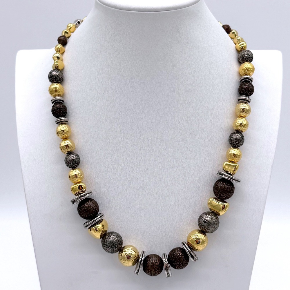 Vintage LCI Liz Claiborne Mixed Metal Beaded Necklace Gold Silver Textured